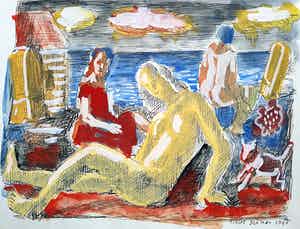 Hubert Bekman - Vrouwen aan de zee, gemengde techniek op papier verkocht voor € 75!