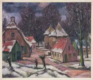 Harmen Klaas Post - Olieverf op paneel, Boerderij met hooimijlen (Winter) - Ingelijst verkauft für € 120!