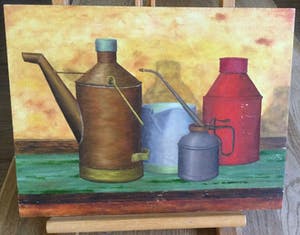Niet of onleesbaar gesigneerd - Lot van 2 schilderijen | Stillevens met oliekannen kopen? Bied vanaf 1!