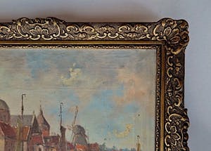 Niet of onleesbaar gesigneerd - Stadsgezicht Singel A'dam met bootjes en Lutherse kerk - Gesigneerd: W. van Dam kopen? Bied vanaf 10!