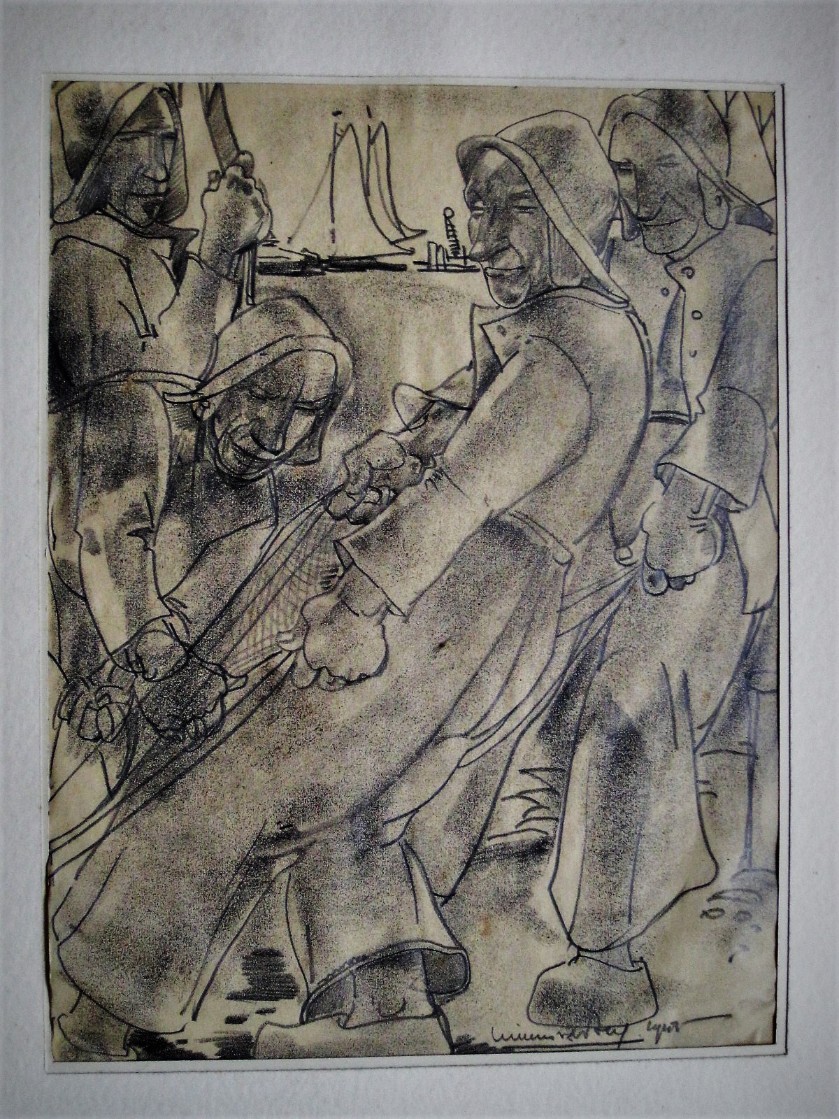 Willem van den Berg - ZELDZAAM! vroege houtskooltekening "Scheveningen -Vissers halen vangst binnen" kopen? Bied vanaf 1!