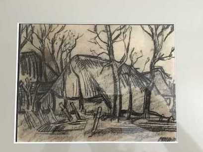 Jan van Eyk - Houtskooltekening van een boerderij/stallen op platte land. kopen? Bied vanaf 250!