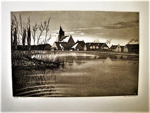 Arend Hendriks - Circa 1930 - verstilde droge naald Ets "Ochtend bij Ouderkerk a/d Amstel" kopen? Bied vanaf 30!