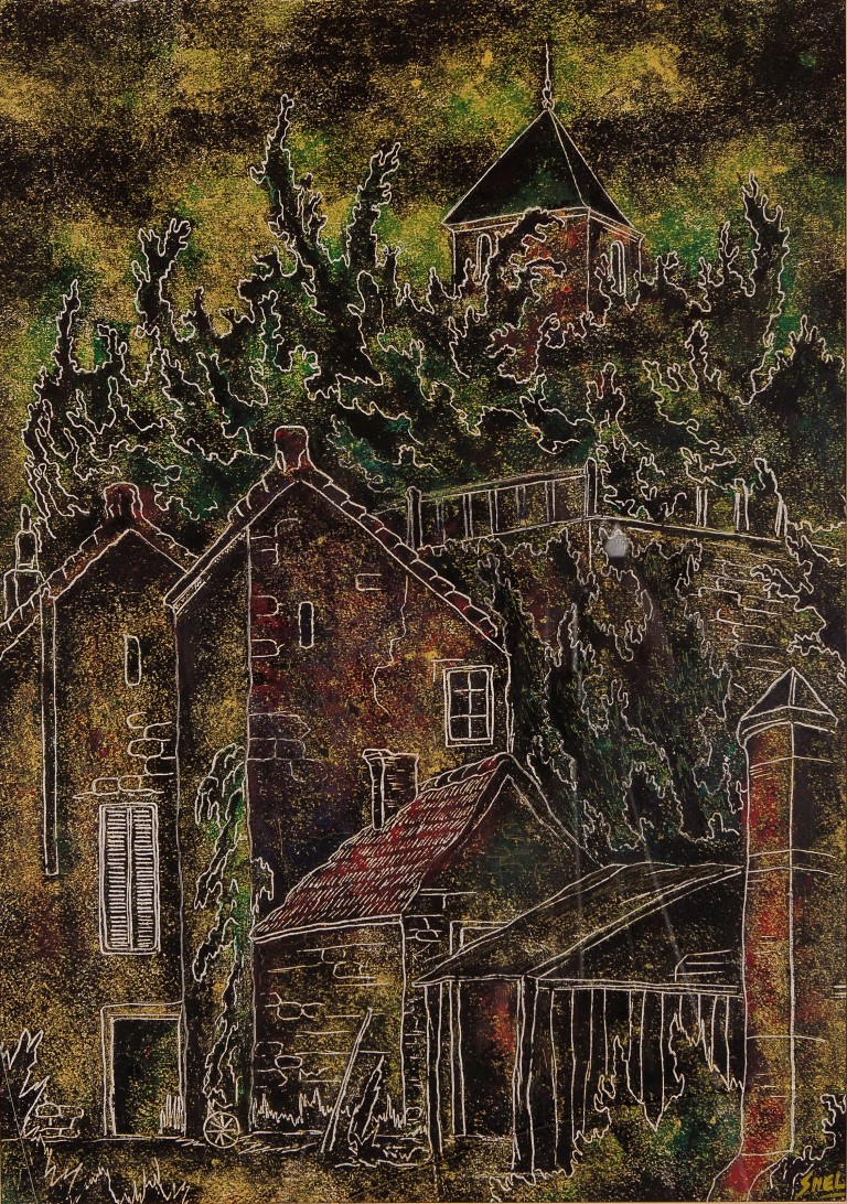 Piet Snel - Dorpsgezicht van de Vogezen - Pastelkrijt en inkt op papier - BKR Groningen 1953 kopen? Bied vanaf 10!