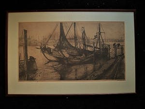 Jan Schonk - GROTE gesigneerde ets "Botters in Haven IJmuiden" omstreeks 1930 kopen? Bied vanaf 1!