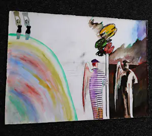 Hannes Postma - grote 1975 gemengde techniek (oa collage) "over the rainbow" gesigneerd kopen? Bied vanaf 63!