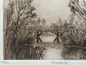 Ronald J. Schuurman - 'Lelystad' & 'Bruggetje' | set van 2 etsen (1x droge naald) - in sepia tint kopen? Bied vanaf 65!