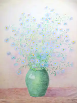 Antoinette van Hoytema - Bloemboeket in groene vaas - Gemengde techniek verkocht voor € 50!