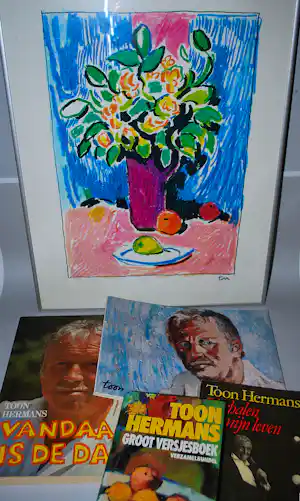 Toon Hermans - 4 boeken & ingelijste prent Stilleven met bloemen verkauft für € 75!