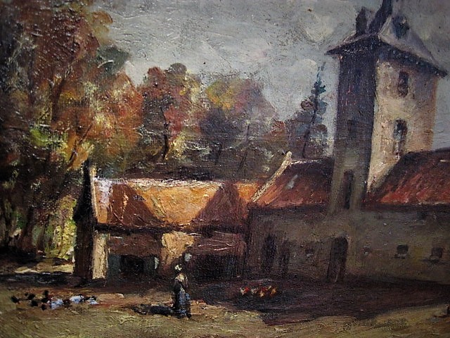 Niet of onleesbaar gesigneerd - oud olieverf "personen bij Limburgse hoeve" gesigneerd  kopen? Bied vanaf 1!