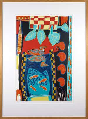 Diana van Hal - Linosnede, Blue lake - Ingelijst verkocht voor € 40!