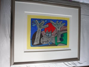 Corneille - Zeefdruk, Complicité entre la femme et l'oiseau - Ingelijst kopen? Bied vanaf 175!