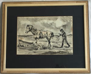 Daniel Wilhelm Bekking - Ingelijste aquarel / gewassen inkt , De ploeger kopen? Bied vanaf 1!