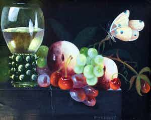 Hans Verhoef - A8157 - Stilleven met fruit, vlinder en wijnglas verkocht voor € 250!