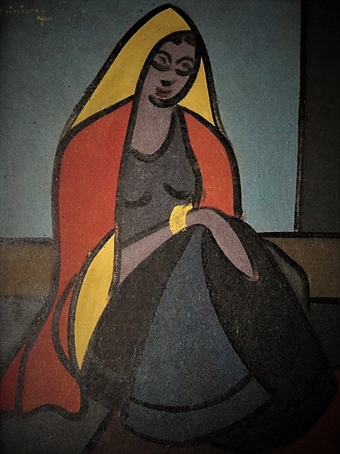 Niet of onleesbaar gesigneerd - Interessant India New Delhi 1940 Kubisme "Zittende vrouw" gesigneerd  verkocht voor € 1!