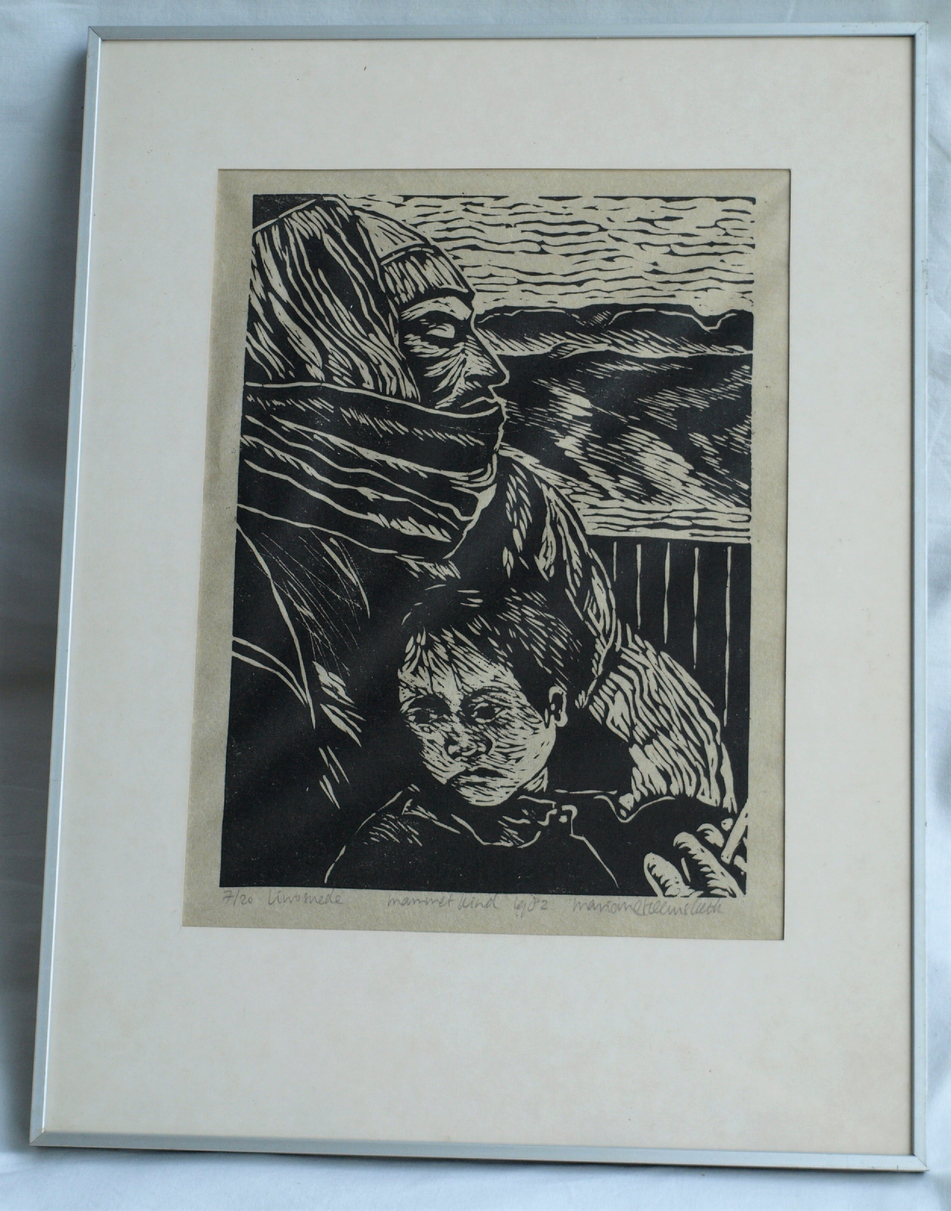 Marianne Heemskerk - Linosnede , Man met kind – ingelijst - 1982 kopen? Bied vanaf 1!
