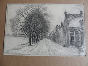 Louis Landre - Potlood met houtskooltekening, Oude bomen langs de dijk van Buiksloot. kopen? Bied vanaf 25!
