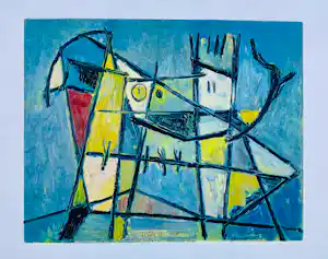 Jan Roëde - abstracte compositie met blauw geel en rood verkauft für € 145!