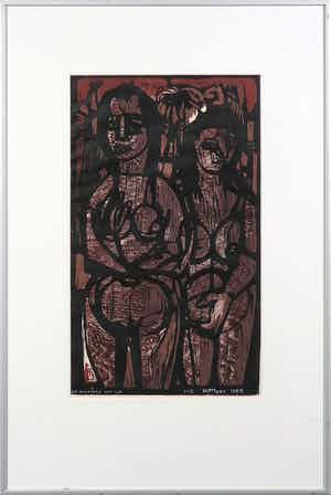 Fon Klement - Houtsnede, De dochters van Lot - Ingelijst verkocht voor € 100!