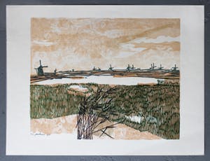Paul Maas - hout/linosnede - 'Landschap met Molens' - 1970 kopen? Bied vanaf 20!