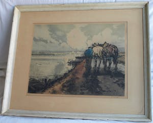 Ferdinand Luigini - Grote ingelijste ets en aquatint , Boer op dijk – gesigneerd – 1926 kopen? Bied vanaf 1!