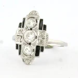 ART DECO Platina en14k wit gouden ring met onyx en old mine cut geslepen diamant kopen? Bied vanaf 660!