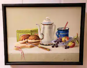 Thomas Heesakkers - Stilleven met emaillen koffiekan fruit, brood en blikje verkauft für € 170!