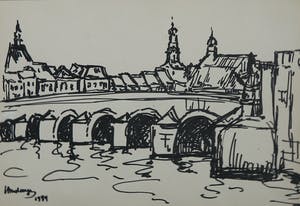 Niet of onleesbaar gesigneerd - Pen- en potloodtekening, Lot van drie stadsgezichten kopen? Bied vanaf 1!