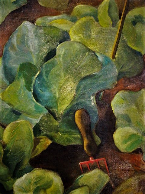 Niet of onleesbaar gesigneerd - Groot 1946 gesigneerd Amerikaans olieverf "Moestuin met Sla" kopen? Bied vanaf 1!