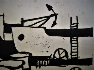 Hans Bernard - Jong gestorven Graficus - ZELDZAAM! - gesig. Linosnede "Haven scheepswerf" 1963 kopen? Bied vanaf 10!