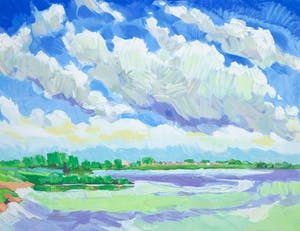 Adri Dijkhorst - Zeefdruk, Rivierlandschap kopen? Bied vanaf 1!