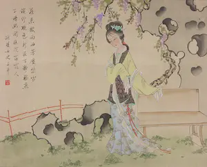 Niet of onleesbaar gesigneerd - Lot van 2 Japanse aquarellen op zijde, Dames in tuinen kopen? Bied vanaf 1!