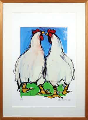 Ellen Meuwese - Zeefdruk, Twee kippen - Ingelijst verkocht voor € 1!
