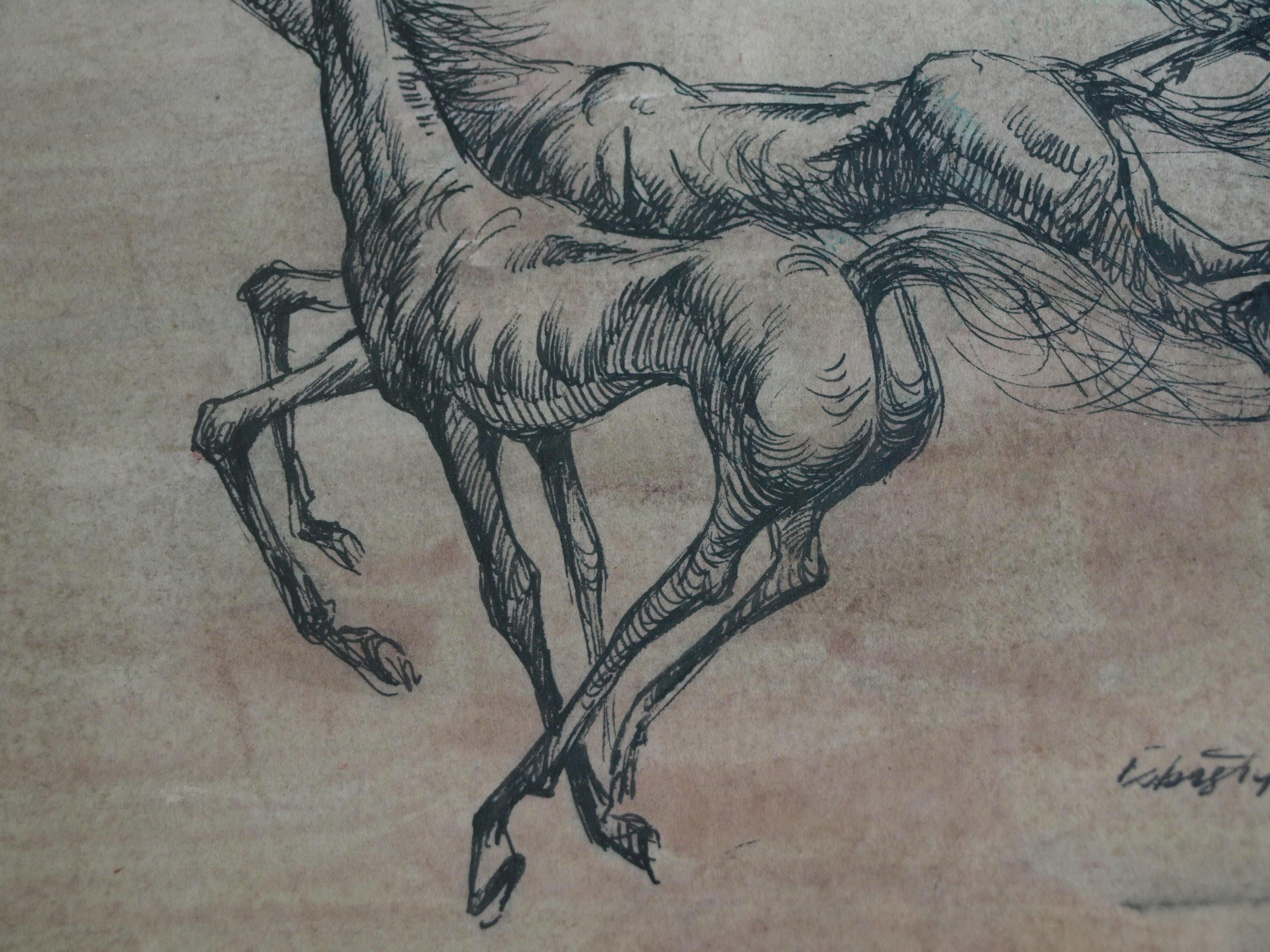 Klaas Pijlman - Pentekening , 3 Paarden – gesigneerd & ingelijst – 1966 kopen? Bied vanaf 35!