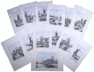 Jan van Delft - Lot, Diverse Aquarellen van Winterse Molens, Boerderijen en Boten kopen? Bied vanaf 1!