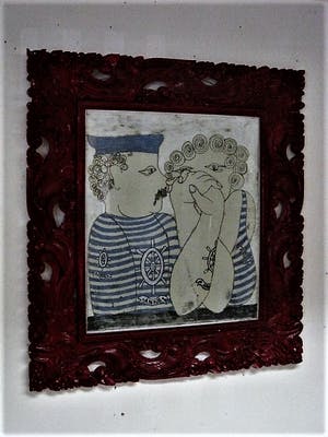Jan Campfens - Grote Gouache/Pastel/Houtskool - Annie&Jaap - in originele 70's lijst. kopen? Bied vanaf 89!