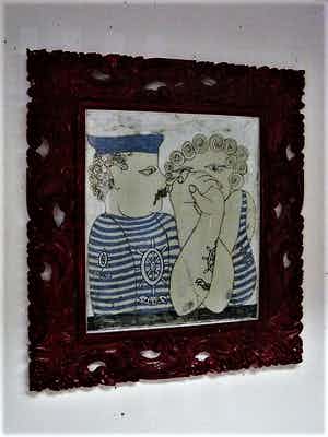 Jan Campfens - Grote Gouache/Pastel/Houtskool - Annie&Jaap - in originele 70's lijst. verkocht voor € 89!