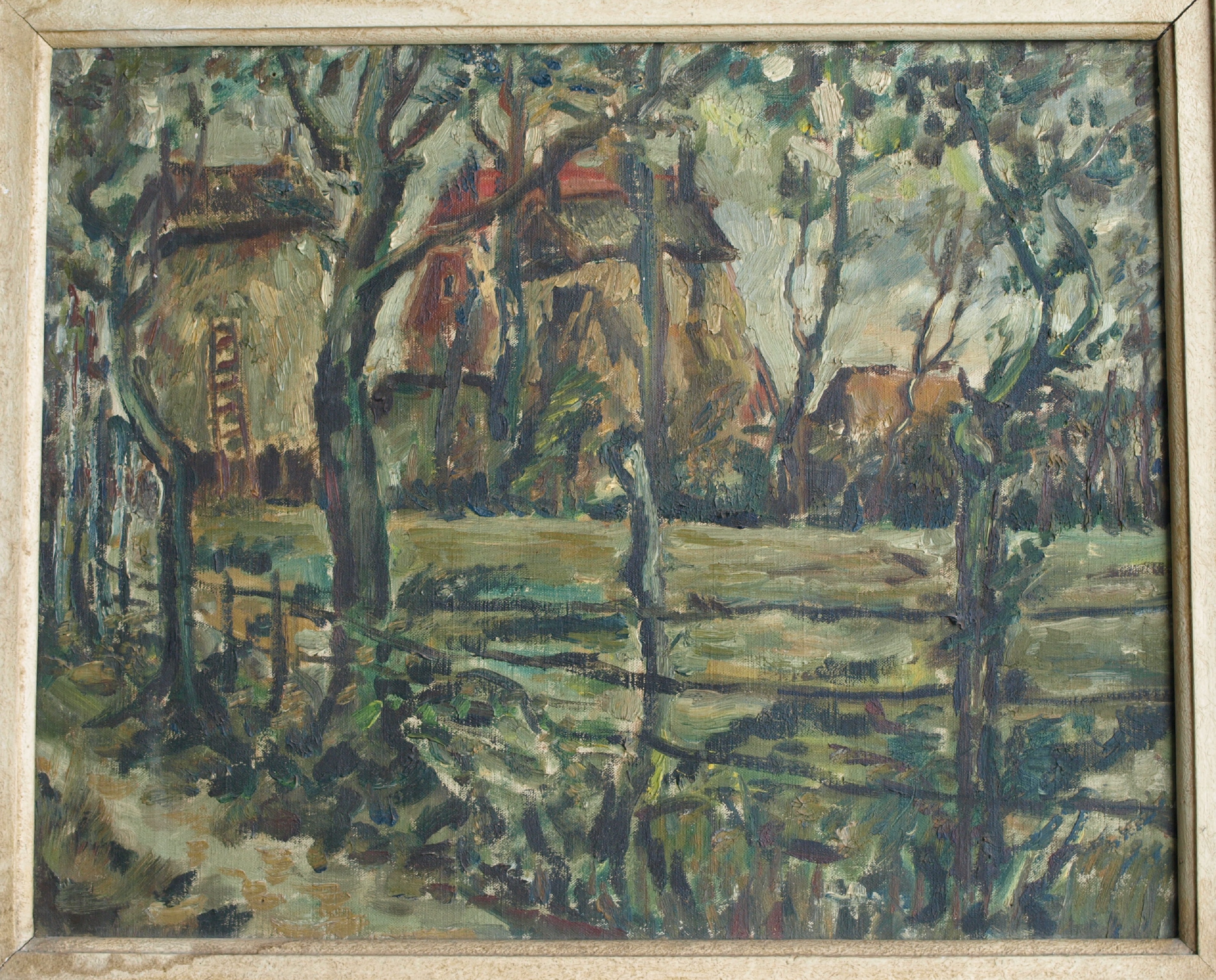 Niet of onleesbaar gesigneerd - Olieverf op doek , Boerderij – ingelijst  kopen? Bied vanaf 1!