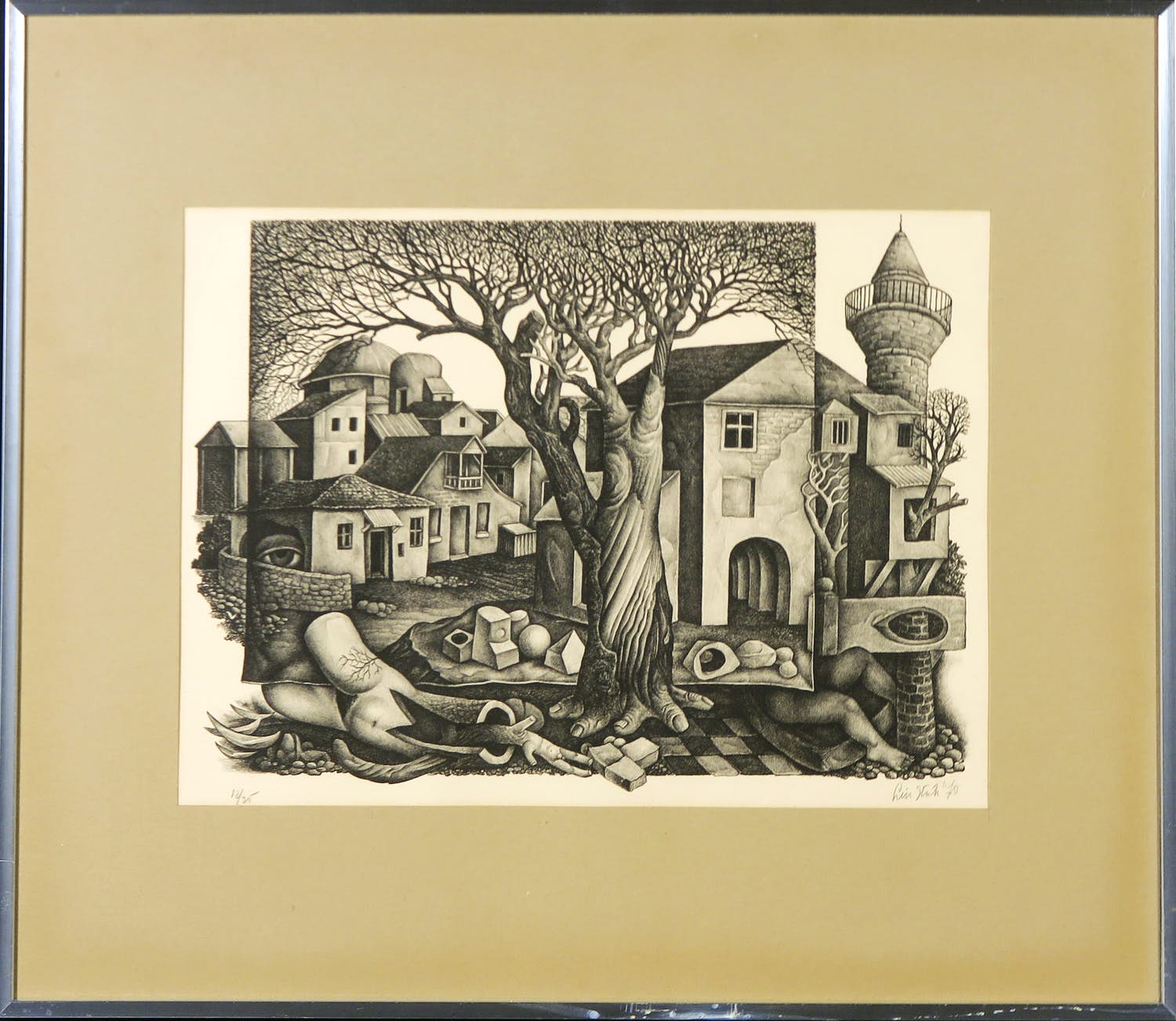 Lou Strik - Litho, Z.T. Surrealistisch stadsgezicht - Ingelijst verkocht voor € 30!