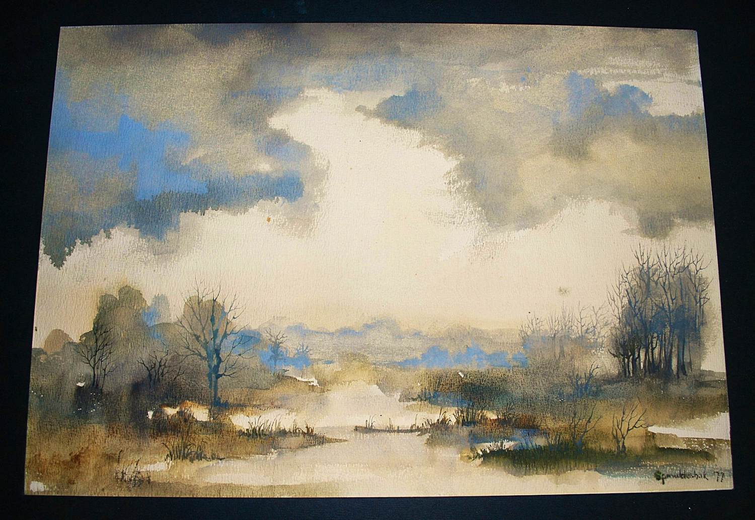 Sjoerdtje Mulder-Hak - Waterlandschap met verre einder - mooi ingelijste grote aquarel verkocht voor € 75!