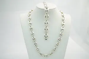 92 - Complementaire 1e geh. zilveren SET collier + armband - koffieboon schakel kopen? Bied vanaf 120!