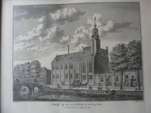 Abraham Delfos - 2 Gravure van Leiden, Academie en zicht op 's Graavensteen en gevangenhuis kopen? Bied vanaf 25!