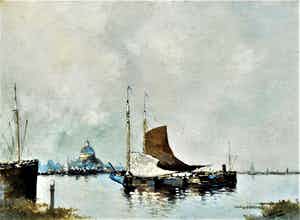 Robert Verheyen - Boten bij haven of stad. verkocht voor € 160!