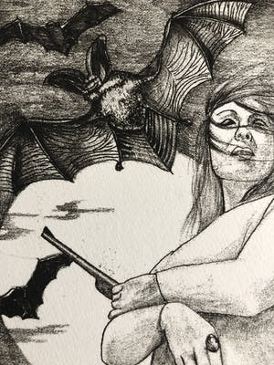 Ada Breedveld - Surrealistische ets vrouw met vleermuizen kopen? Bied vanaf 75!