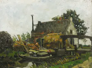 Niet of onleesbaar gesigneerd - Olieverf op marouflé, Sluisje bij boerderij - Ingelijst kopen? Bied vanaf 1!