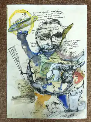 Nico Verhoeven - Collage, gemengde techniek, aquarel - "De Wereld Bedekken met Lover" verkocht voor € 45!