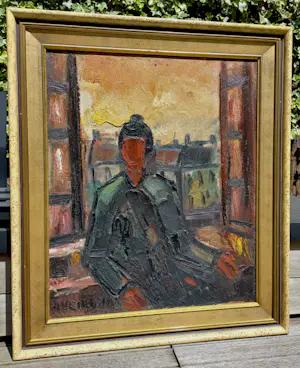 Alfons Vermeir - Vrouw in venster, olieverf op canvasboard (netjes ingelijst) kopen? Bied vanaf 225!