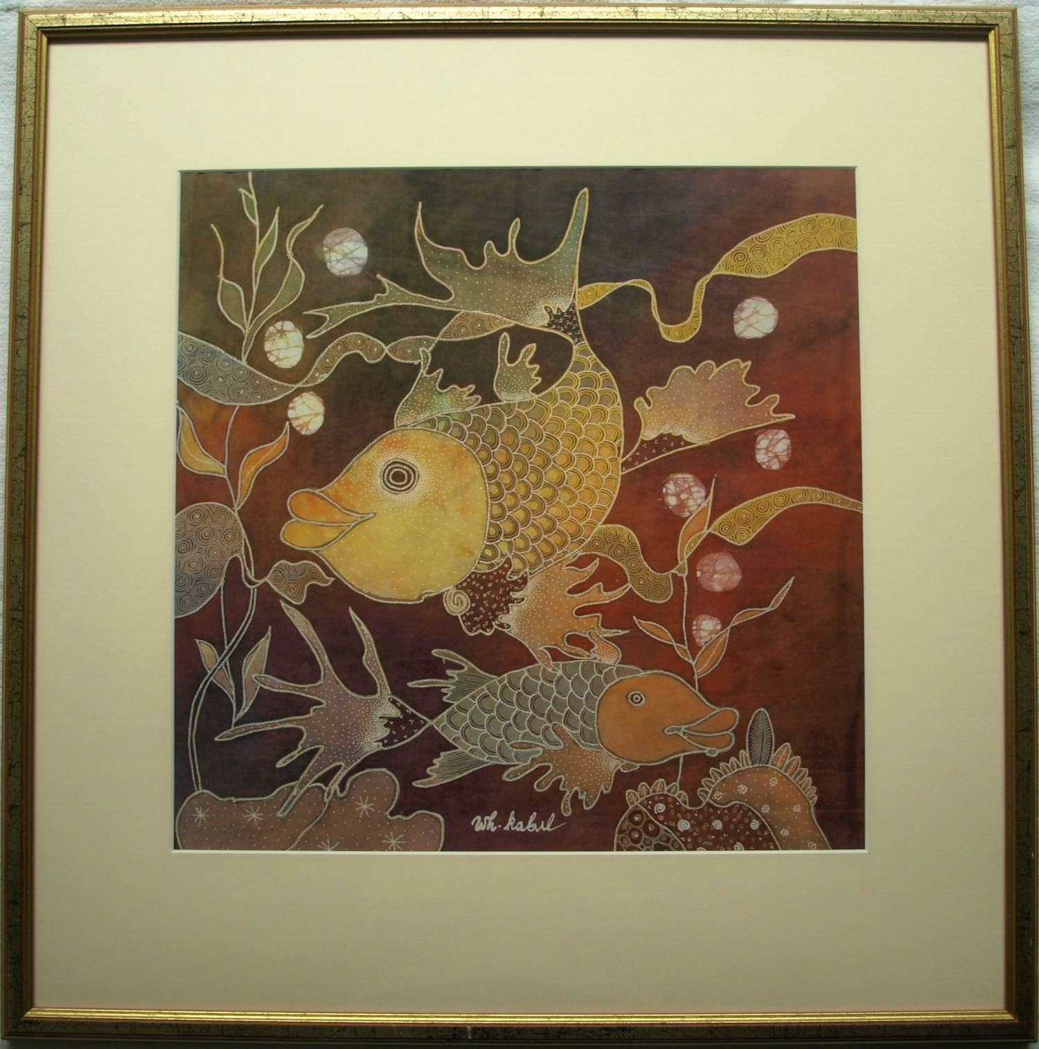 Wiji Hartono Kabul - Batik op zijde , Vissen – Ingelijst, 72 x 71 cm kopen? Bied vanaf 150!