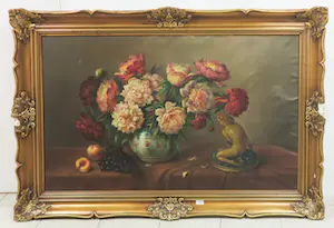 Niet of onleesbaar gesigneerd - Olieverf op doek, Bloemstilleven met beeld - Ingelijst (Zeer Groot) kaufen? Bieten Sie von 1!