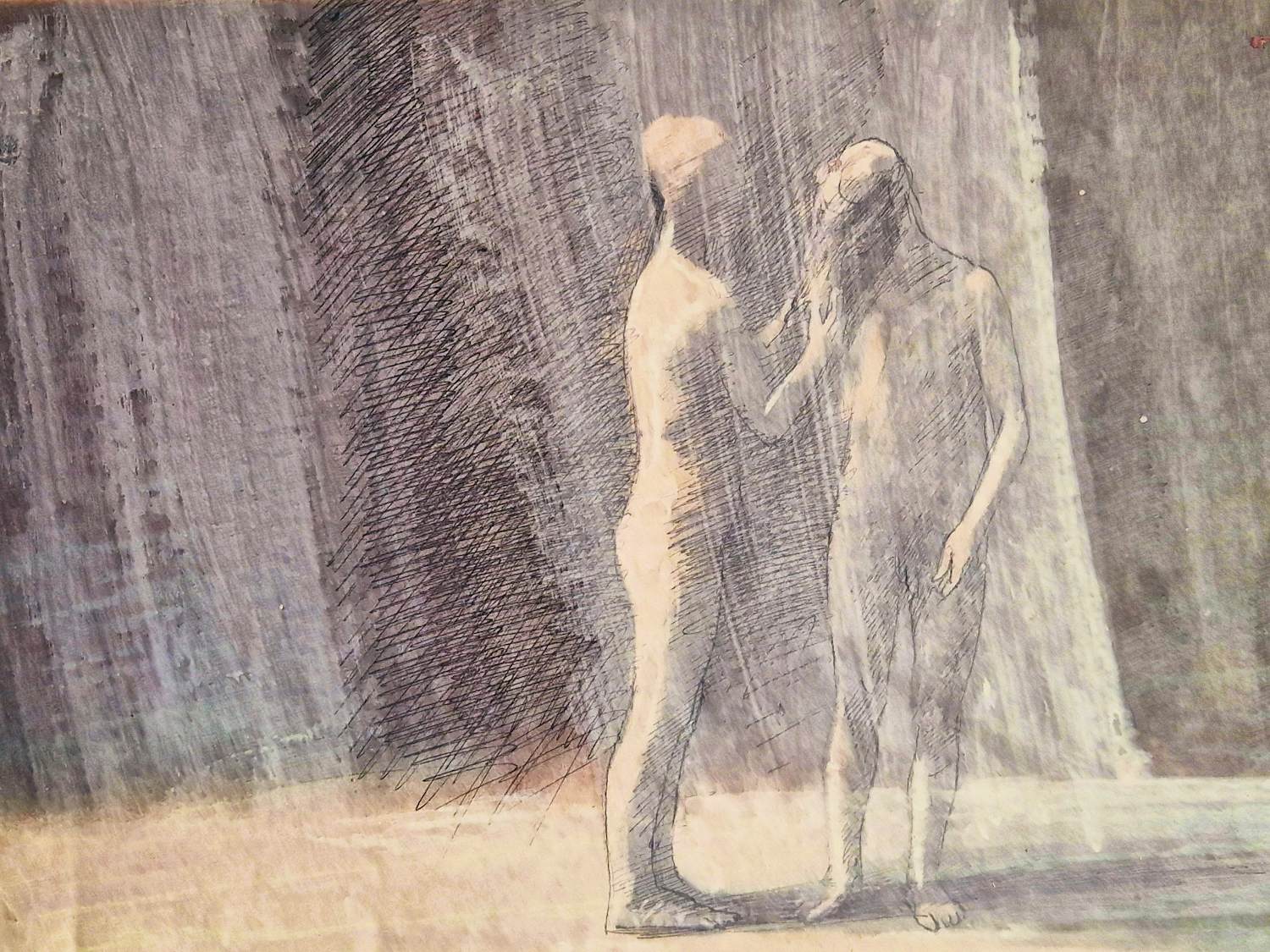 Geurt van Dijk - Gemengde techniek op papier "de ontmoeting" in passe partout gesigneerd kopen? Bied vanaf 10!